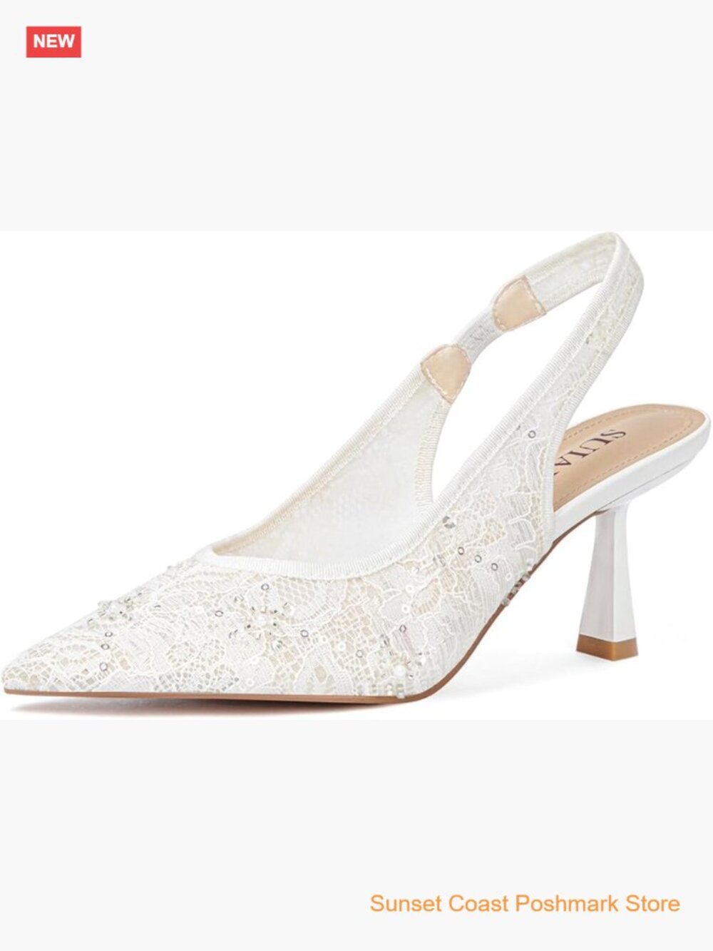 Slingback Kitten Heel Wedding Pumps Lace Mesh Pointed Toe Pearl Pumps Shoes